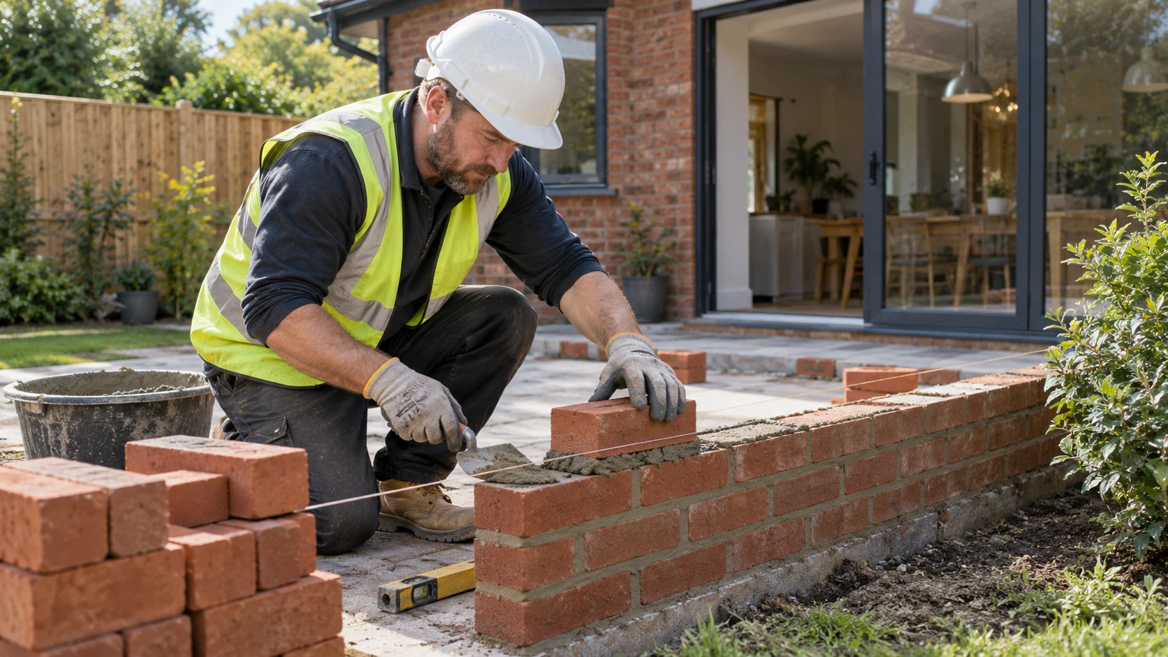 Builder laying a brick on a low wall with trowel, mortar and string line.