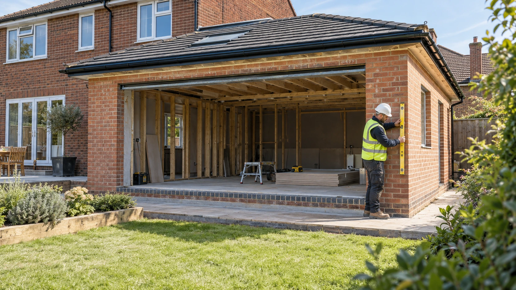 Builder checking brick pier on a rear house extension with a wide glazing opening.