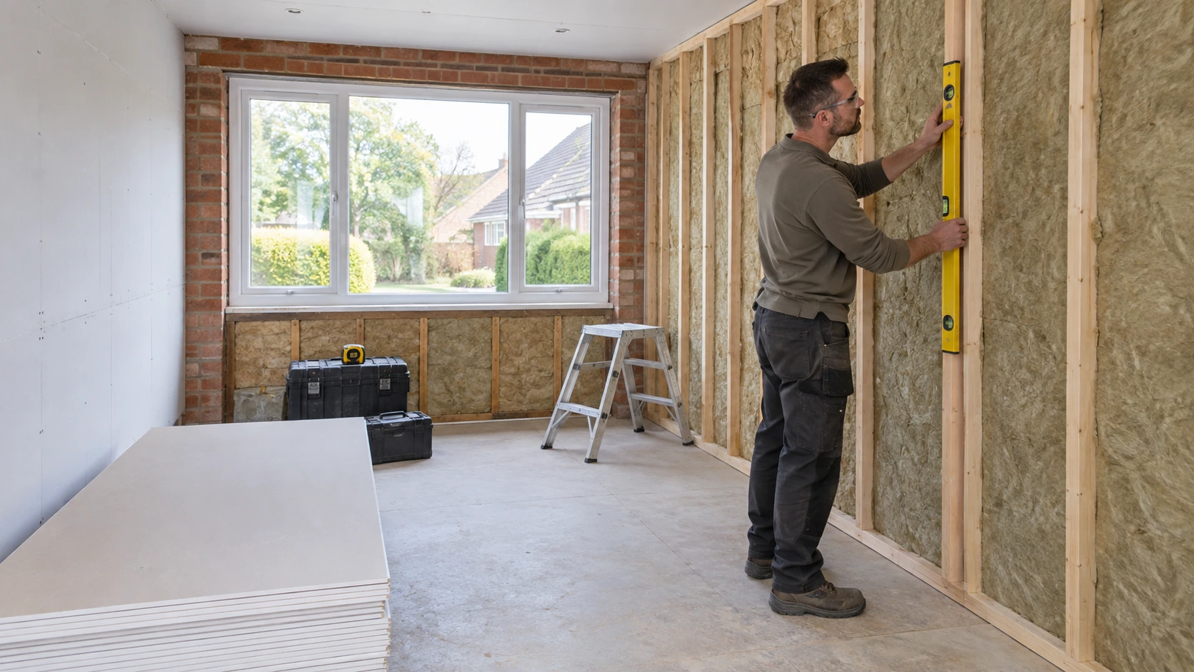 Builder checking insulated stud wall inside a garage conversion with new window.