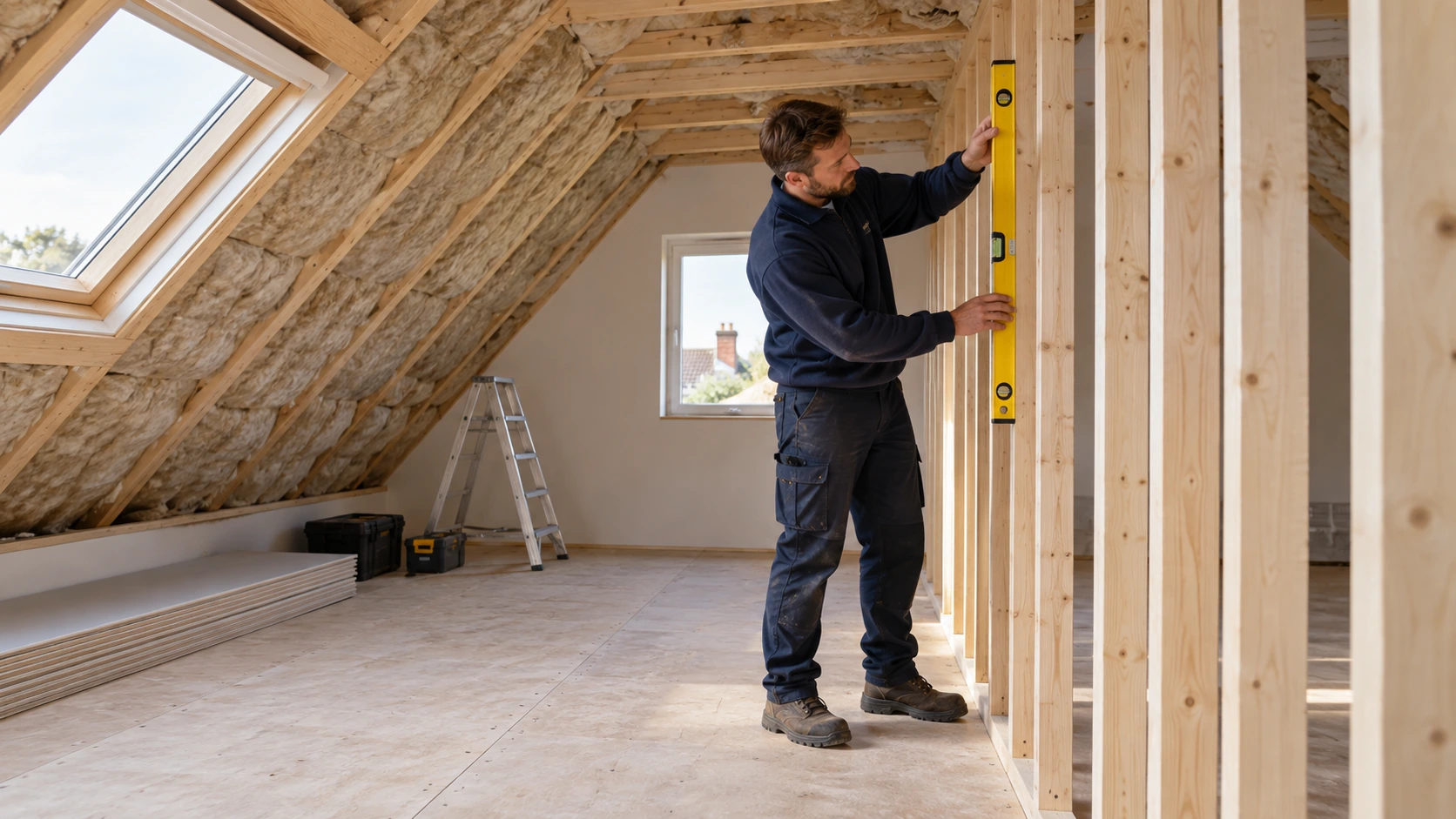Carpenter checking loft-conversion studwork beside insulated rafters and roof window.