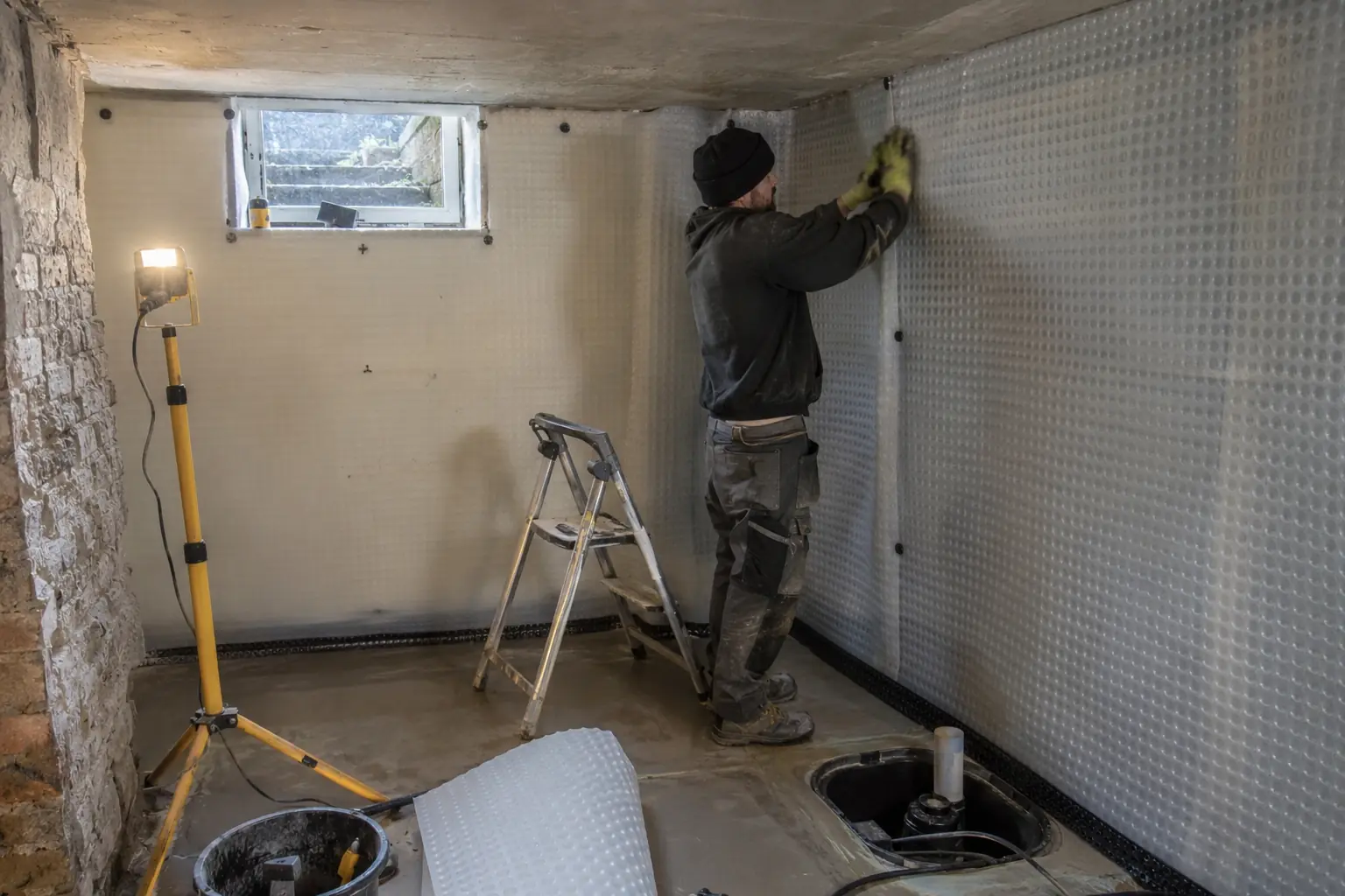 Basement conversions — Builders fitting waterproof lining in a clearly below-ground basement conversion, low cellar ceiling, small high-level lightwell window, sealed floor and sump corner. Worker applying wall membrane, safe task lighting and appropriate PPE.