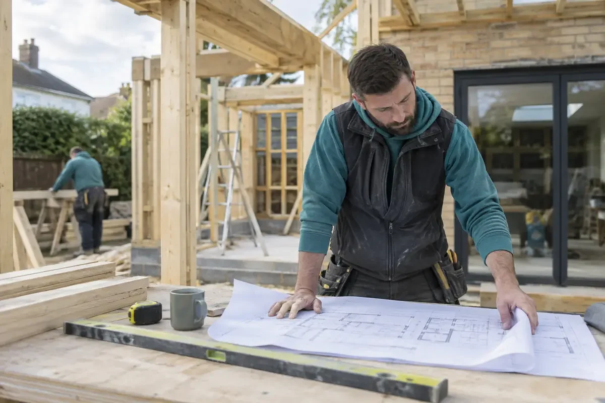 Builder reviewing drawings on a timber workbench at an extension