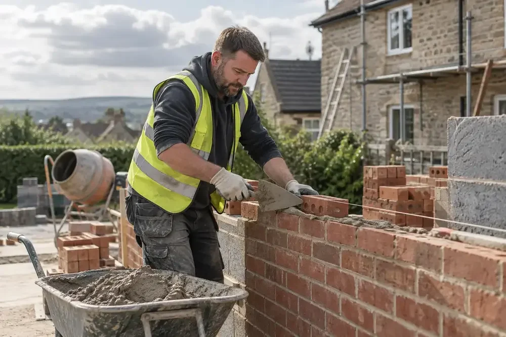 Bricklayer spreading mortar while constructing a low brick wall