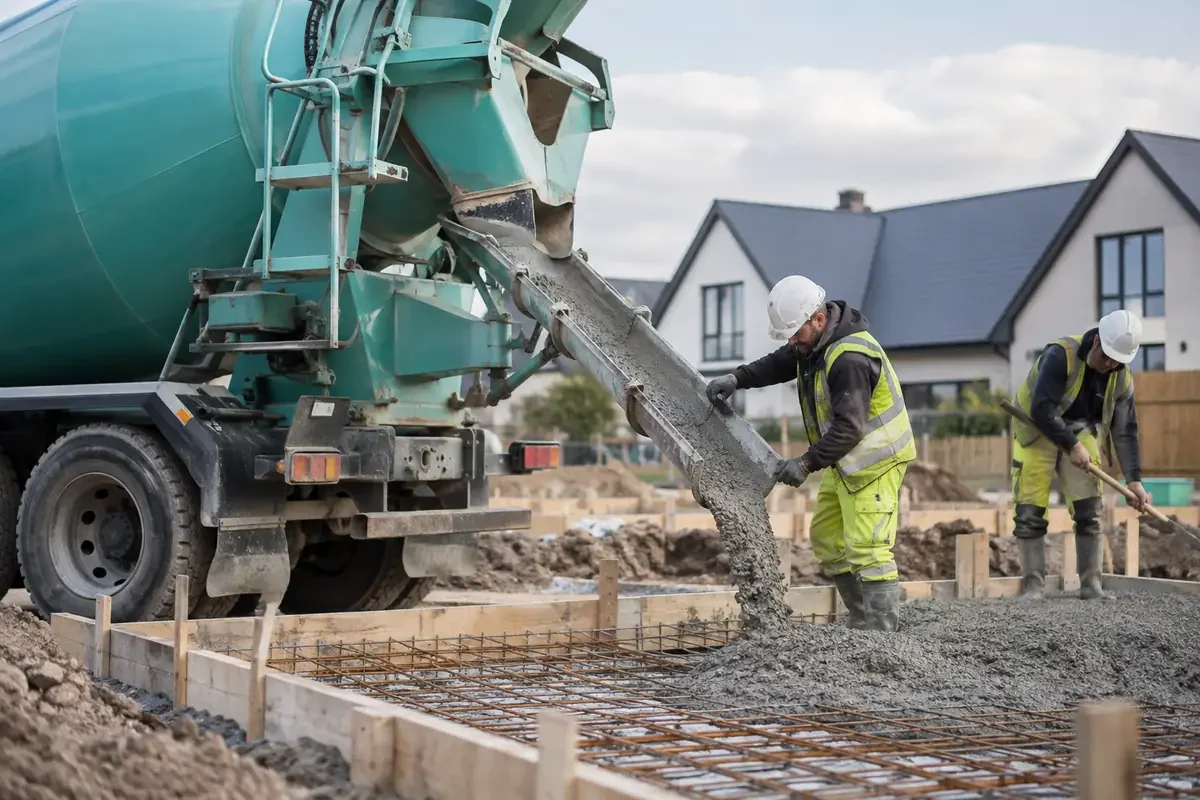 Concrete mixer pouring concrete through a chute into shuttering