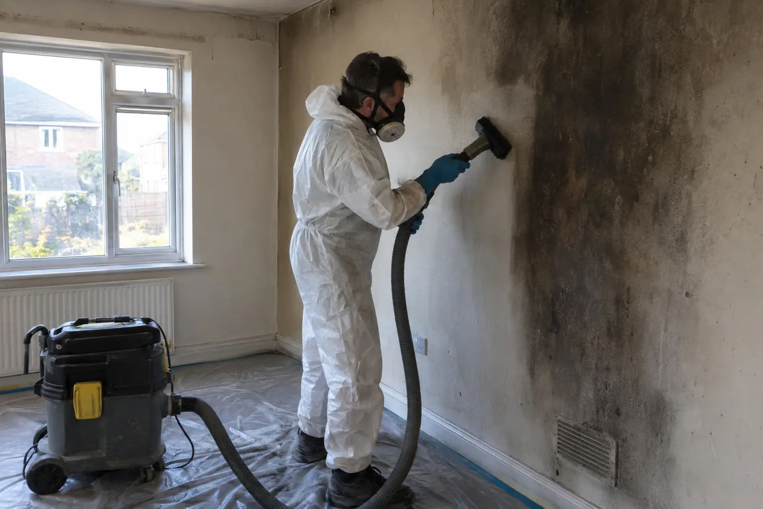 Fire damage restoration — Restoration professional wearing respirator, gloves and coveralls carefully cleaning a smoke-stained interior wall in a fire-damaged empty room. Localised black soot marks, intact safe structure, specialist vacuum and protected floor, no active flames or smoke.