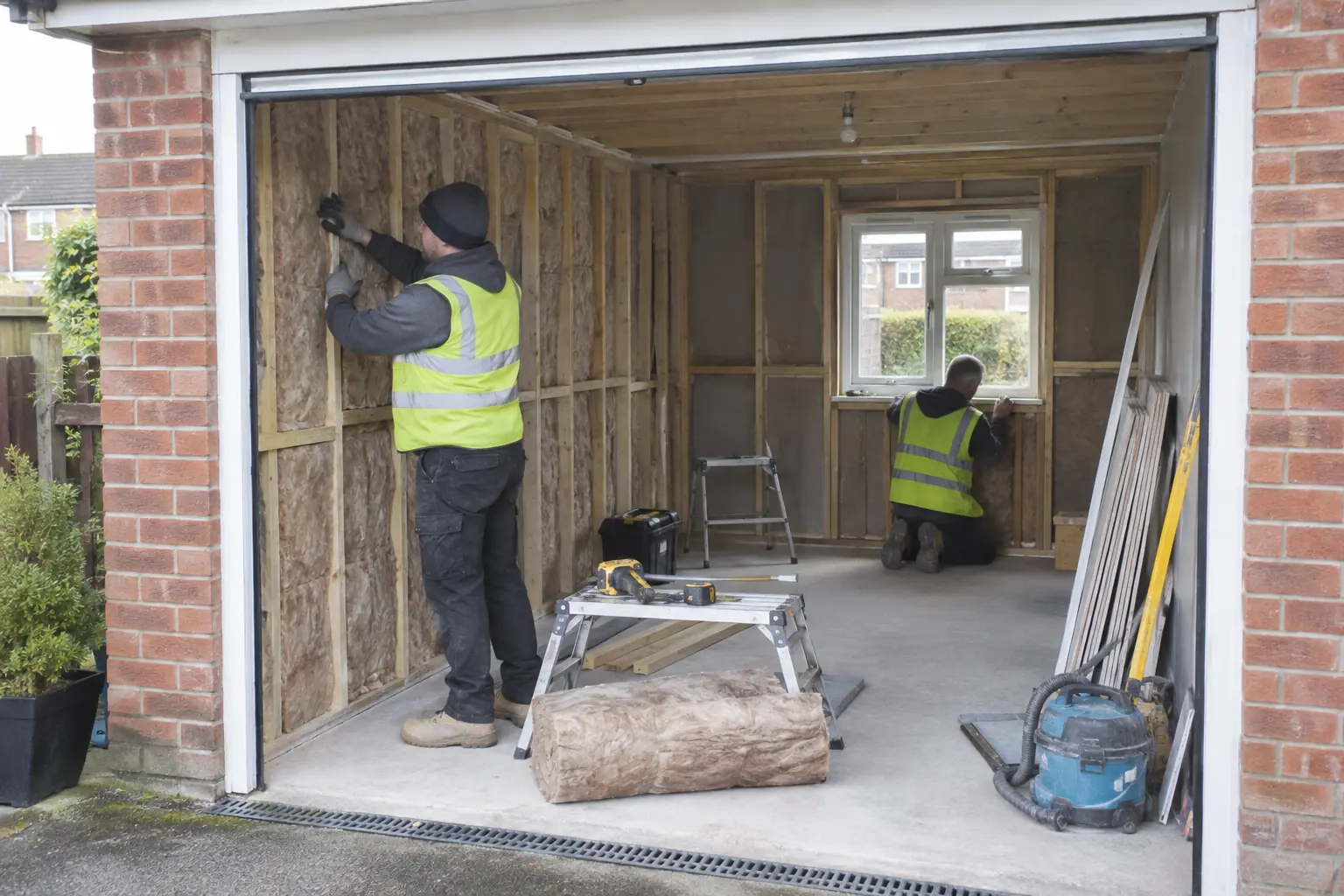 Garage conversion builders — Builders converting an attached brick garage into a habitable room, new insulated internal stud lining and small installed front window visible within original wide garage opening, worker fitting insulation and checking frame, appropriate PPE and tidy site.