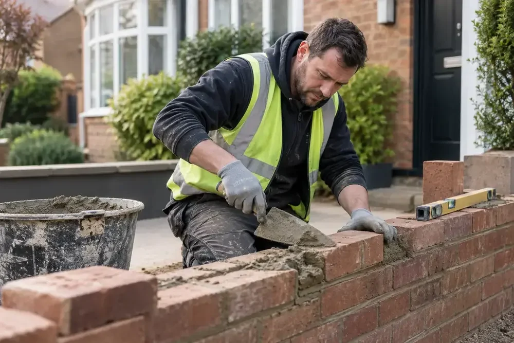 Builder using a trowel to build a low brick wall