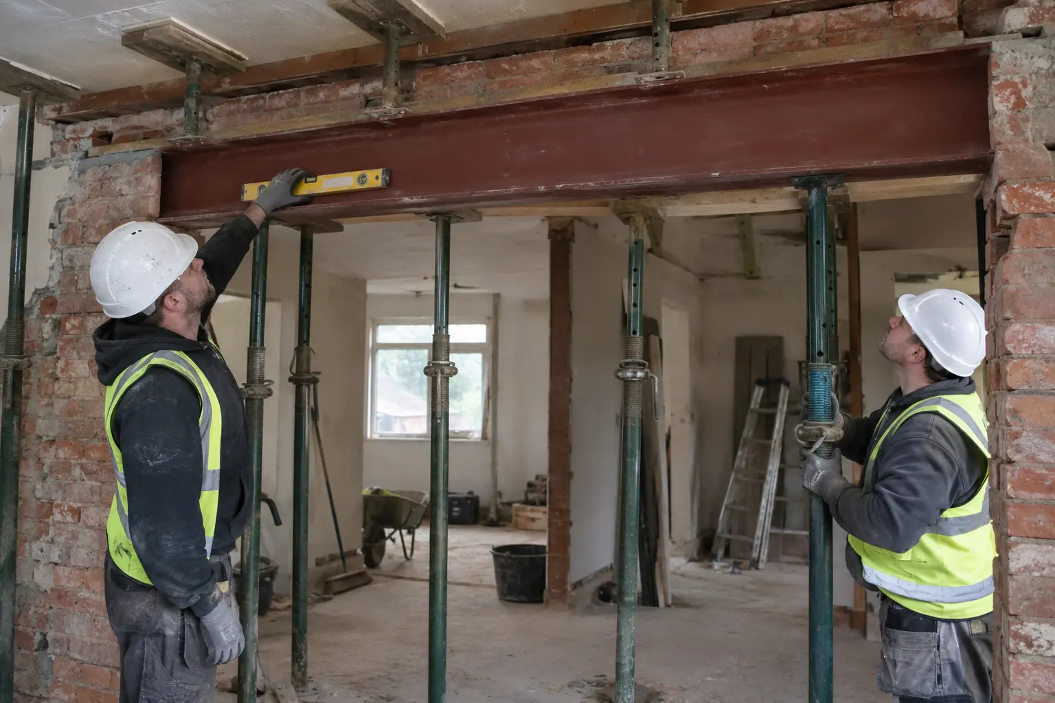 Load bearing wall removal — Two builders with helmets and gloves checking a newly installed steel lintel across a large internal opening in a formerly load-bearing brick wall. Clearly visible correctly arranged temporary steel props support remaining structure, engineers' level, no unsupported masonry.
