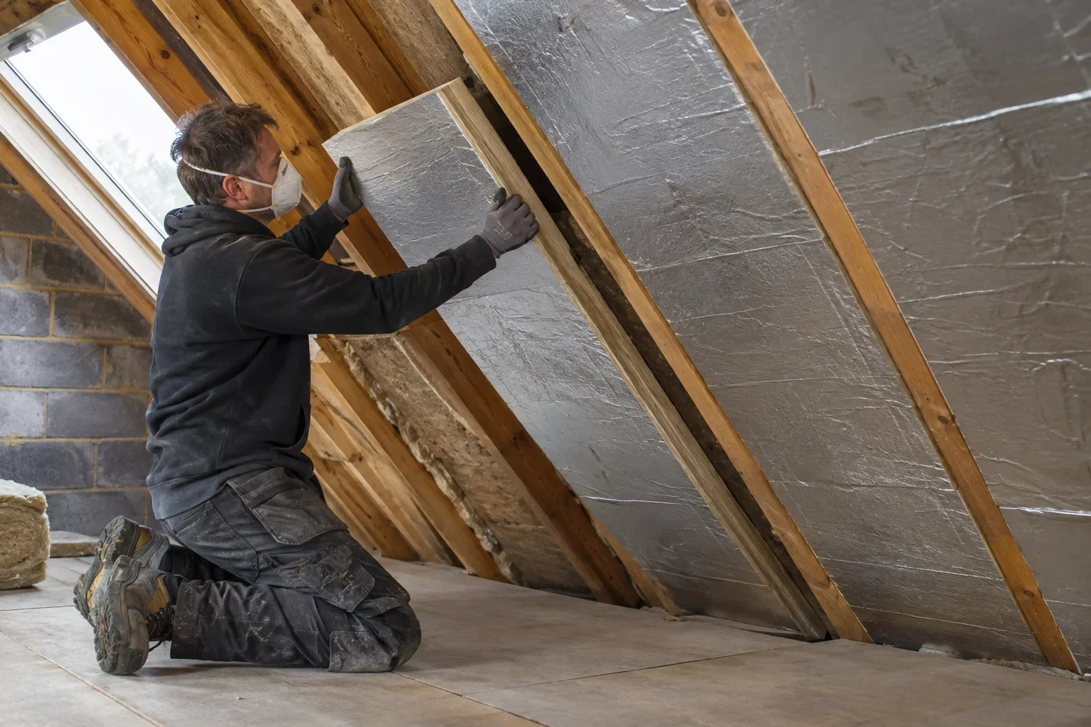 Worker fitting rigid insulation between sloping roof rafters