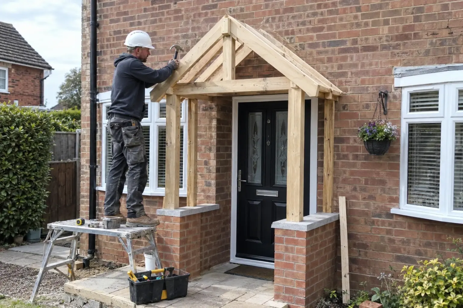 Porch builders — Builder fitting the timber roof frame of a small new brick entrance porch attached around a British house front door, complete porch footprint and doorway clearly visible, safe low work platform, neat hand tools and helmet.