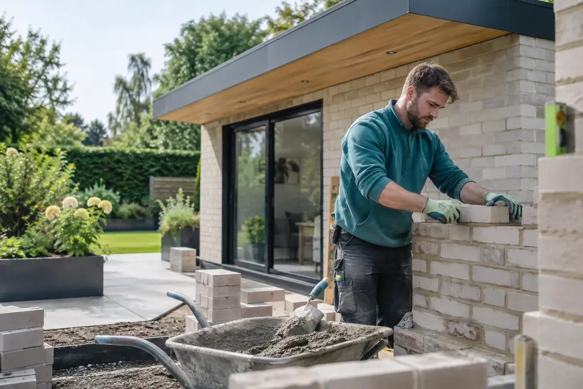 Bricklayer constructing an exterior wall beside timber roof framing