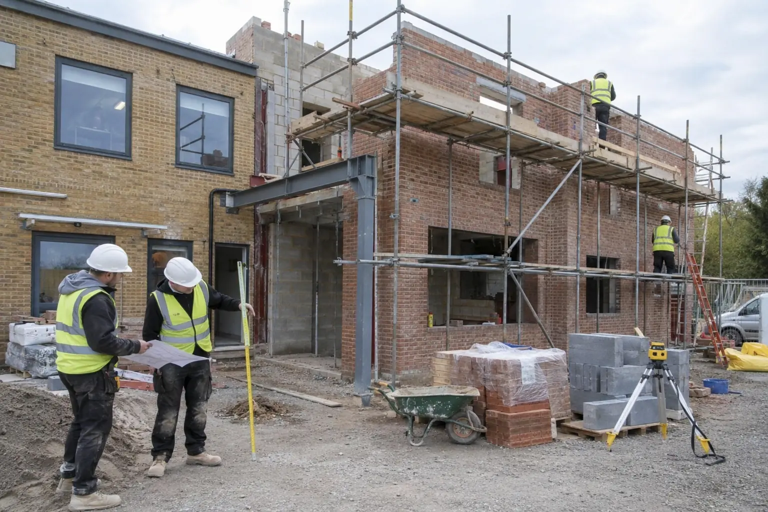 Two storey extensions — Professional construction crew building a two-storey brick extension on a small commercial office building, both storeys clearly visible with structural connections and guarded scaffolding. Foreground workers review setting-out with measuring tools, helmets and safety boots.