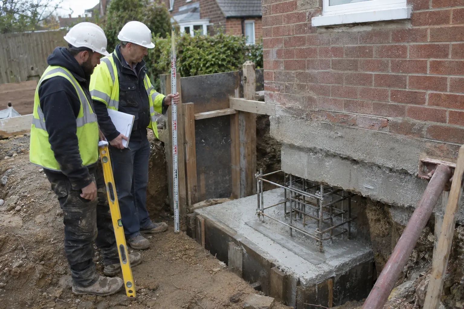 Underpinning services — Foundation engineer and builder examining a small engineered underpinning bay beside an existing house wall, exposed concrete footing and newly reinforced support clearly visible in shallow shored excavation. They stand on safe ground outside excavation, helmets, level and measuring rod.
